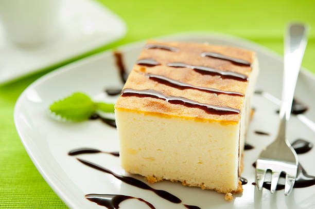 square piece of cheesecake on a white plate decorated with chocolate and mint