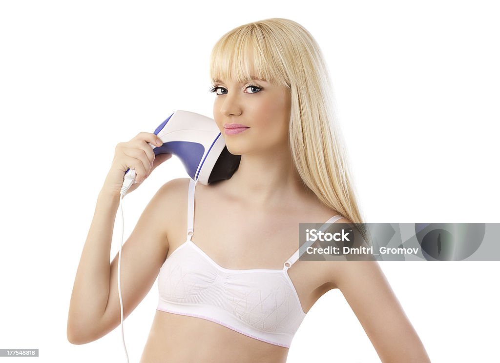 Linda mulher Loira com massager sobre fundo branco - Royalty-free Adulto Foto de stock