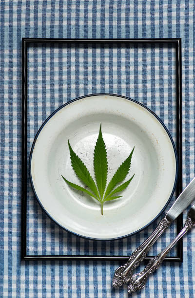 cannabis leaf in old white metal plate - photography sign table ganja imagens e fotografias de stock