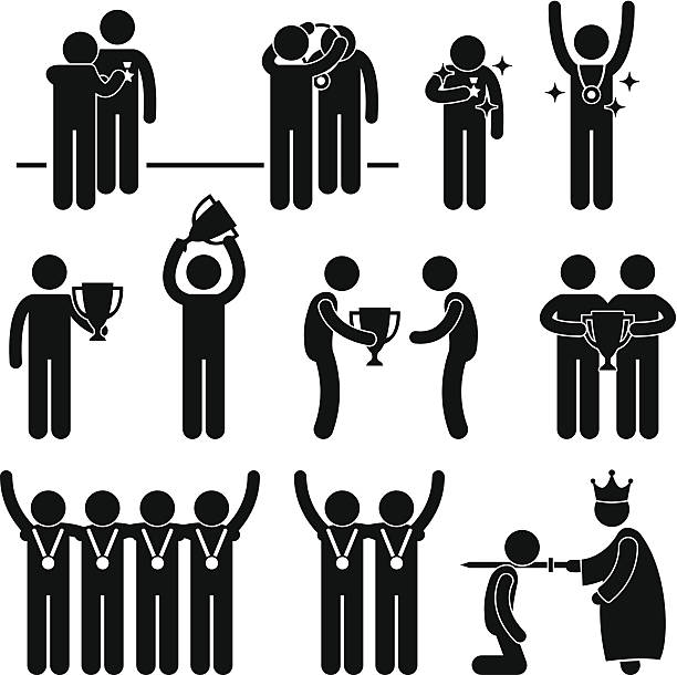 Man Receiving Award Trophy Medal Stick Figure Pictogram This is a set of people pictograms that represent man receiving award, medal, and honor. sports team icon stock illustrations