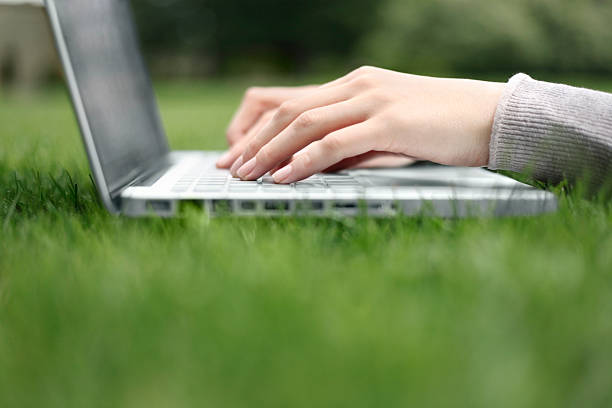 trabalhando em um laptop na grama - laptop computer grass nature - fotografias e filmes do acervo