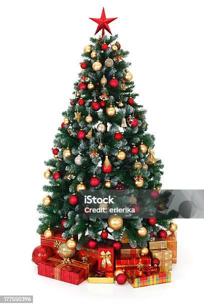 Green Decorated Christmas Tree And Presents Stock Photo - Download Image Now - Artificial, Box - Container, Celebration