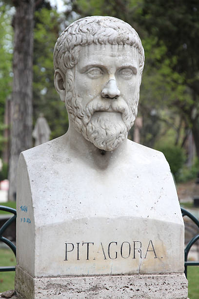 Close-up of Pythagoras bust sculpture at an outdoor park Rome, Italy. Bust statue of Pythagoras, famous philosopher, mathematician and scientist. Sculpture in Villa Borghese park. pythagoras stock pictures, royalty-free photos & images