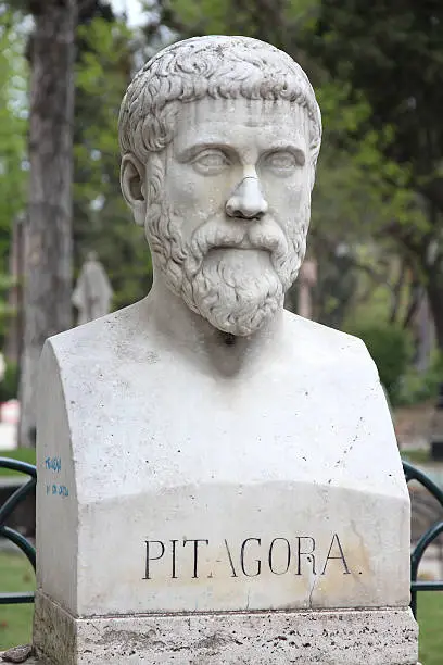 Rome, Italy. Bust statue of Pythagoras, famous philosopher, mathematician and scientist. Sculpture in Villa Borghese park.