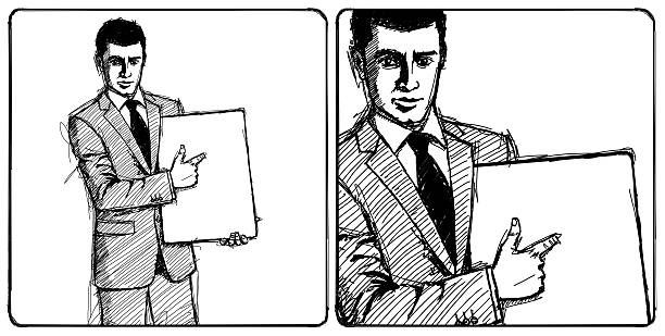 Sketch businessman with empty write board "Sketch, comics style businessman holding empty write board in his hands" transparent board stock illustrations