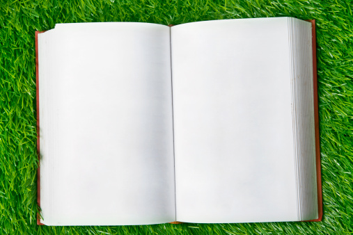 Pages of blank book on the green grass