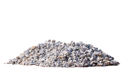 Piles of gravel limestone rock for construction site, isolated on white background with clipping path include, big size of rock