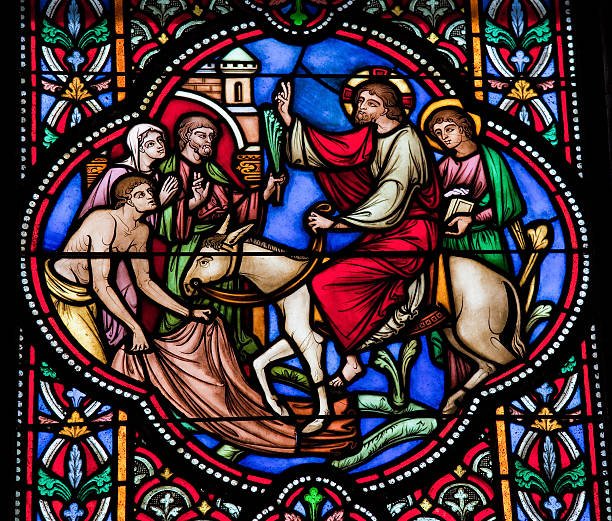 Palm Sunday Jesus enters Jerusalem on a donkey on Palm Sunday. This window is located in the cathedral of Brussels. ass horse family photos stock pictures, royalty-free photos & images
