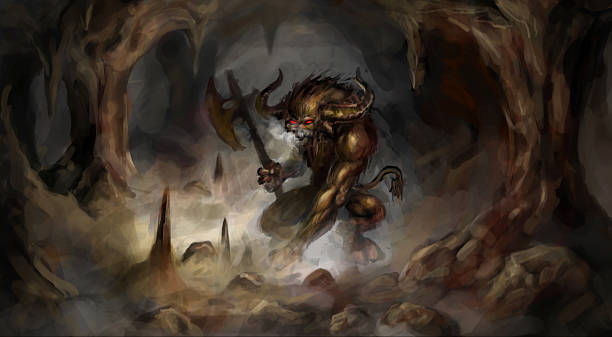 minotaur angry minotaur with axe in cave biggest stock illustrations
