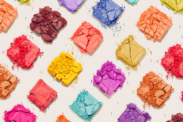 istock Colorful eyeshadow makeup palette, creative pattern from colored swatches powder eyes, cosmetic texture product. Aesthetic minimal beauty branding, merchandise concept. Woman cosmetic flat lay 1775552749