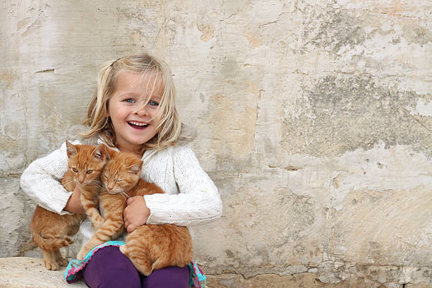 linda chica sosteniendo kittens - domestic cat child little girls kitten fotografías e imágenes de stock
