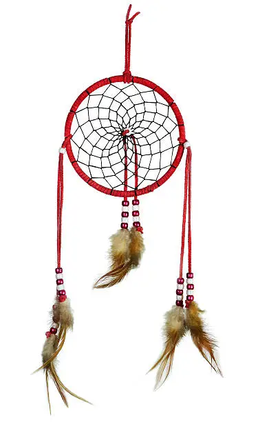 "Simple, red, native american dreamcatcher isolated on white"