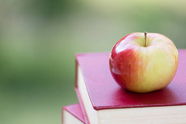 istock Red & green apple placed on stack of books 177556254