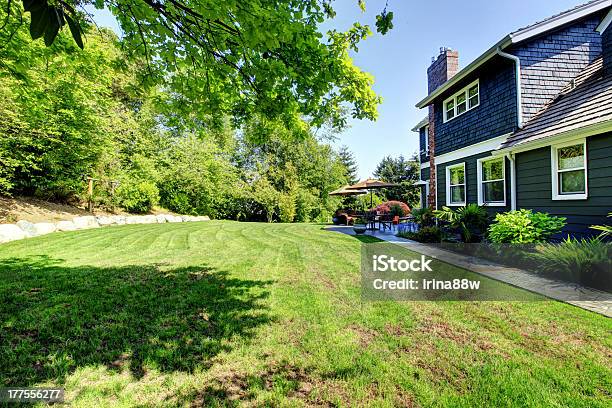 Blue Large House With Backyard And Green Landscape Stock Photo - Download Image Now