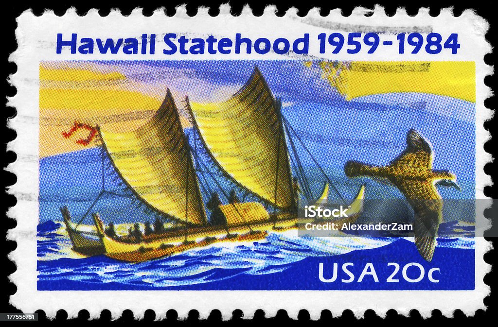 Polynesian Canoe "A Stamp printed in USA shows the Eastern Polynesian Canoe, Golden Plover, Mauna Loa Volcano, 25th anniversary of Hawaii Statehood, circa 1984" USA Stock Photo