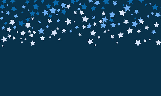 White and light blue stars are freely located at the top of the image. Empty space for your text. Seamless background for paper, cover, fabric, textile, dishes, interior decor.