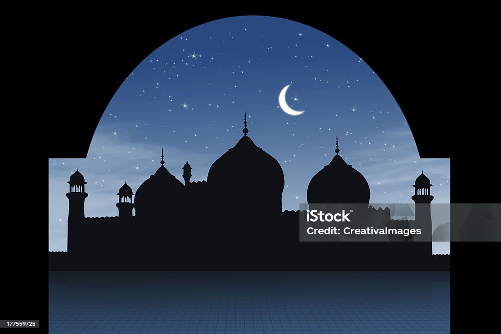 Abstract religious eid background Silhouette of a mosque shot in a starry night Moon Stock Photo