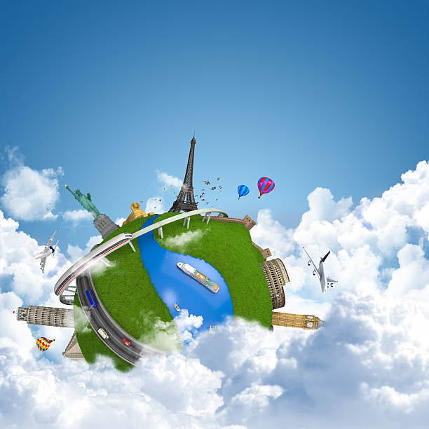 istock A globe in the clouds with famous landmarks above 177560705