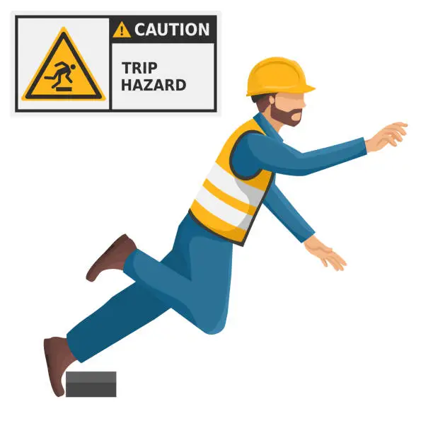 Vector illustration of Industrial worker with trip hazard sign warning. Caution icon and pictogram. Work accident. Worker with personal protective equipment. Industrial safety and occupational health at work