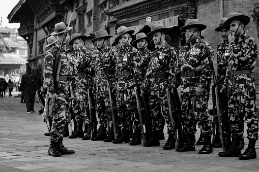 A group of Nepal Army (Gurkhas) in standing position in  Kathmandu Durbar Square at Kathmandu,  Nepal.