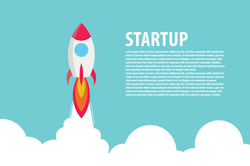 Rocket launch. Business startup banner. isolated on blue background