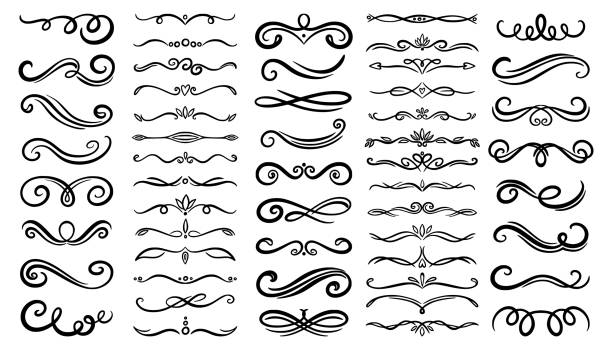 ilustraciones, imágenes clip art, dibujos animados e iconos de stock de marcos de adornos vintage. los bordes de línea, la decoración dibujada a mano florece con elementos para textos antiguos clásicos, patrones ornamentados de desplazamiento. colección de elementos de formas curvas y remolinos. diseño gráfico vectorial - filigrana