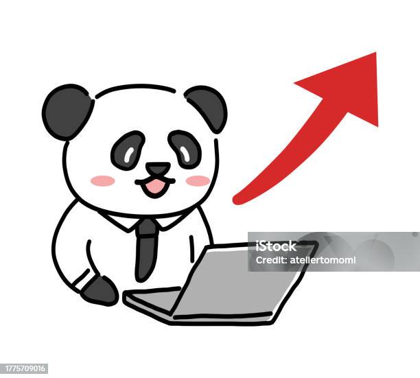 Panda Character Working With Red Arrow And Computer Stock Illustration ...