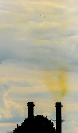 Aerial view of billowing smoke rising from multiple chimney stacks into the sky