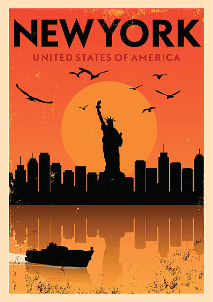 illustrazioni stock, clip art, cartoni animati e icone di tendenza di poster vintage di new york - retro revival new york state usa north america