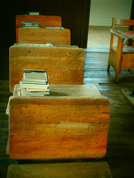 istock Retro picture of classroon desks and student books 177572848