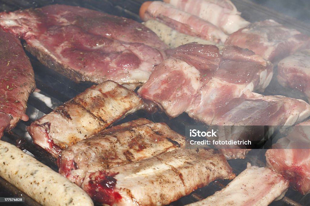 Grill meat Different kinds of meat and sausages from the grill Bacon Stock Photo