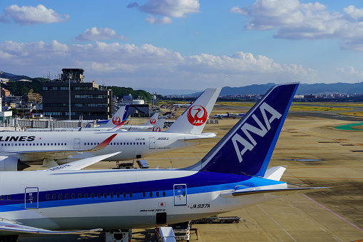 Fukuoka, Japan - October 28, 2023 : Japan Airline and All Nippon airways aircraft waiting on the tarmac at Fukuoka Airport
