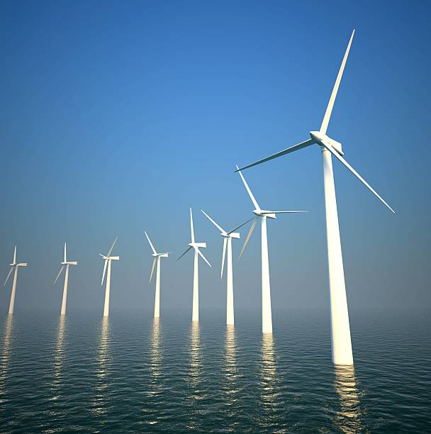 3 d turbinas eólicas do mar produção de energia em - megawatt - fotografias e filmes do acervo