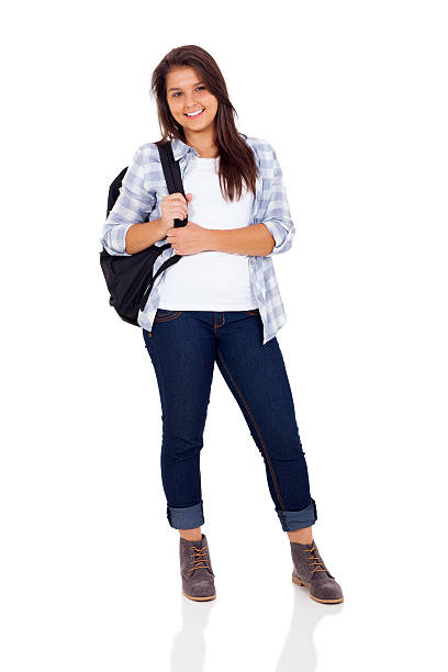 teenage girl standing on white background beautiful teenage girl with backpack standing on white background junior high photos stock pictures, royalty-free photos & images