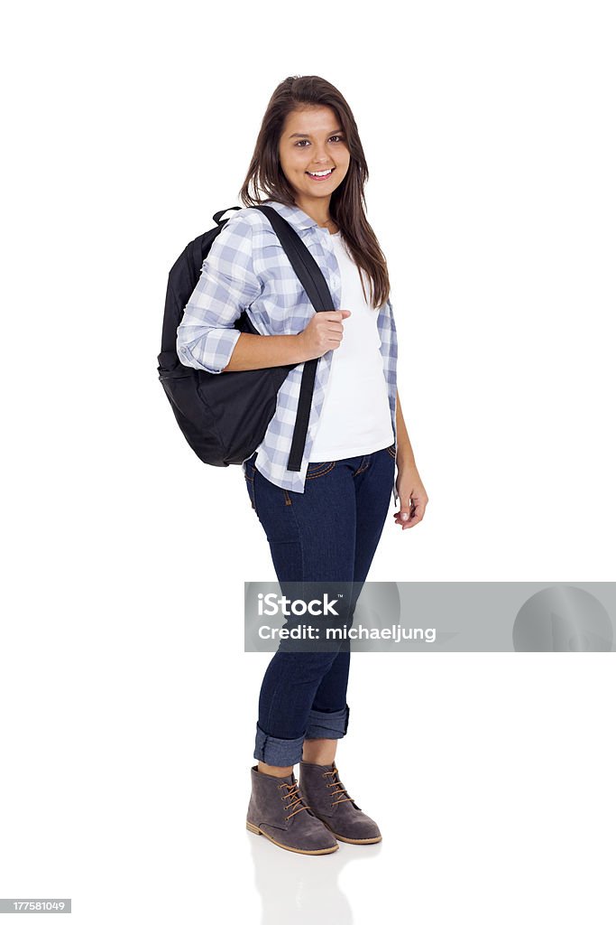 Escola garota adolescente com uma mochila - Foto de stock de Fundo Branco royalty-free