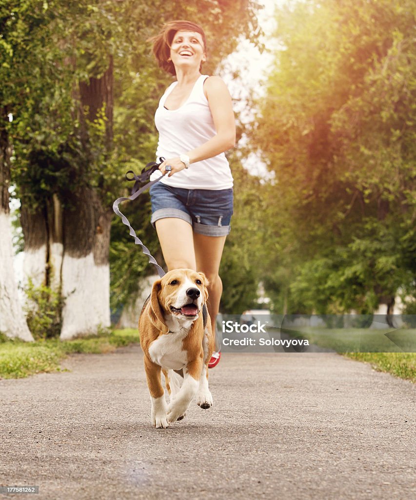 Active walk with pet Happy young woman jogging with her beagle dog Dog Stock Photo