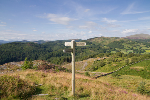 Signpost for the Precipice Walk, one of the famous attractions of Dolgellau, North Wales, enjoying fanastic views of the Mawddach Estuary and the principal mountain ranges of Snowdonia;