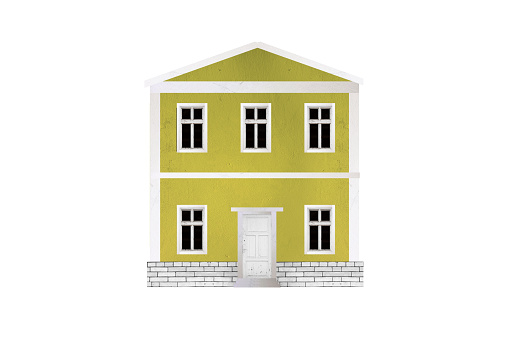 Old small gray two-storey european house with classical facade isolated on white background.