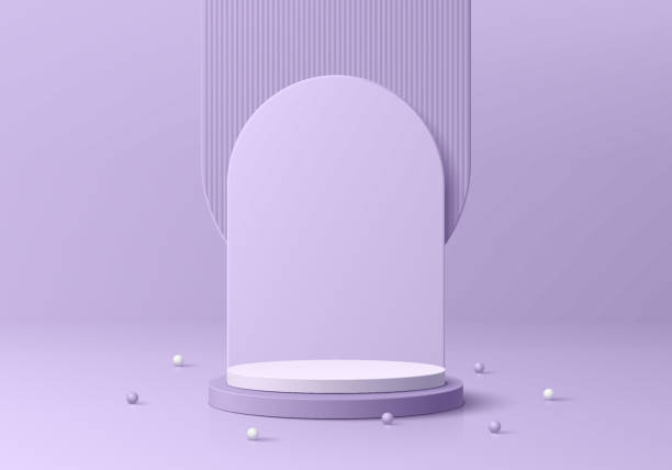 istock Abstract realistic purple and white 3D cylinder pedestal podium background with arch backdrop scene. Minimal mockup or product display presentation, Stage showcase. Platforms vector geometric design. 1775862423