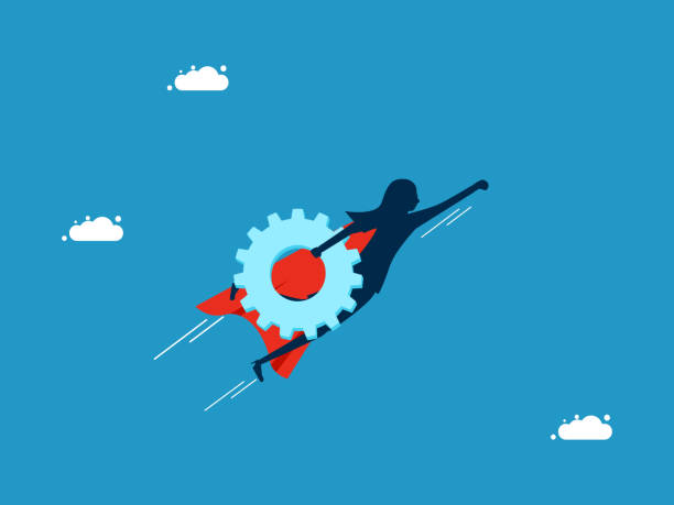 istock Work with determination. Businesswoman hero flies in the sky with gears 1775869844