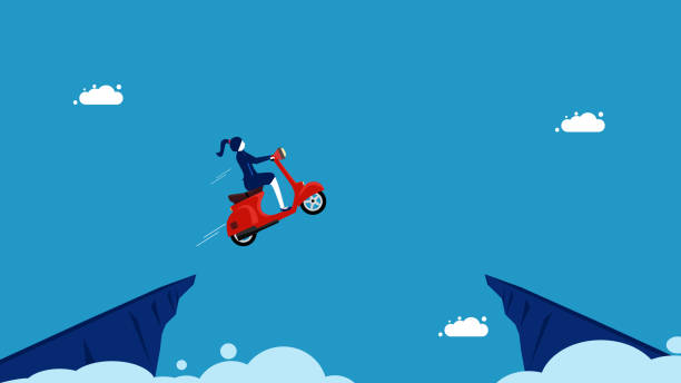istock businesswoman drives a motorcycle and jumps over a gap in a cliff 1775871906