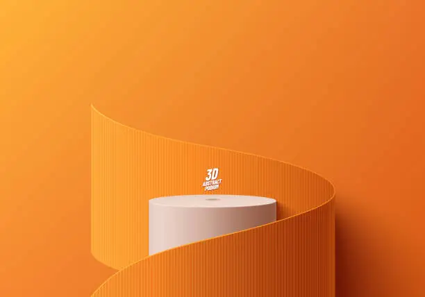 Vector illustration of Realistic 3D orange and white cylinder product podium background, Product display stand surrounded scene. Abstract minimal mockup presentation, Stage for showcase. Platforms vector geometric design.