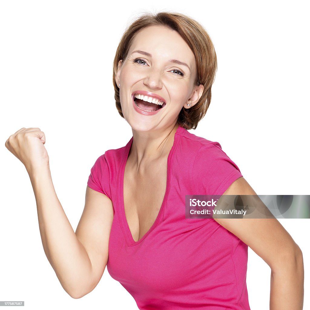 Hermosa mujer feliz celebrando el éxito - Foto de stock de Aclamar libre de derechos
