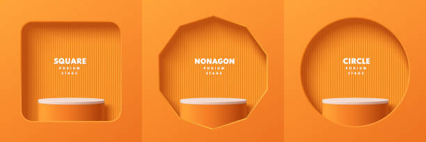 ilustrações, clipart, desenhos animados e ícones de conjunto de realista 3d branco laranja cilindro podium pedestal em quadrado, nonagon e cena de parede de janela circular. sala de estúdio abstrata. vitrine de palco de produtos de cena mínima pastel, exibição de promoção de banner. - tubo objeto manufaturado