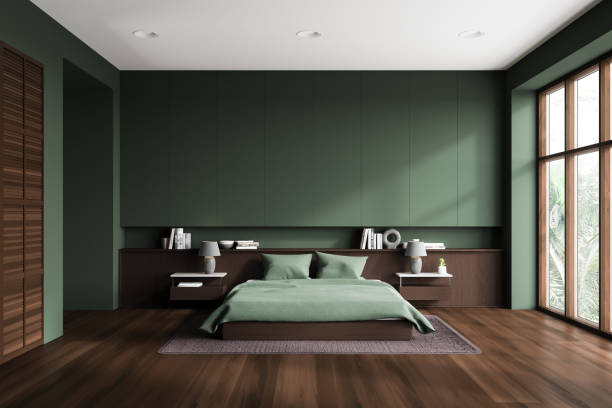 istock Green home bedroom interior with bed and decoration, panoramic window 1775887524