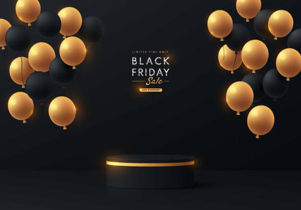 istock Abstract 3D black cylinder podium background with floating black and golden balloon scene. Black friday minimal mockup, Product display presentation, Stage showcase. Platforms vector geometric design. 1775887540