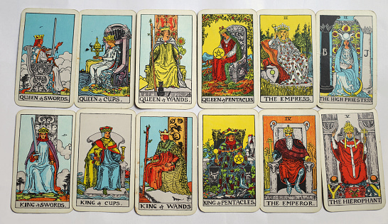 Kings and queens, emperor and empress, hierophant, high priestess from a tarot deck.