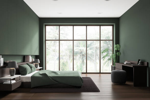 istock Green home bedroom interior with bed and workplace, panoramic window 1775901269