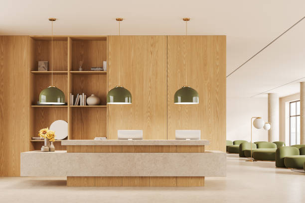 istock Modern office interior lobby with desk and lounge zone, panoramic window 1775901278