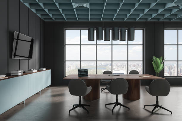 istock Stylish office room interior with conference table and seats, panoramic window 1775904731